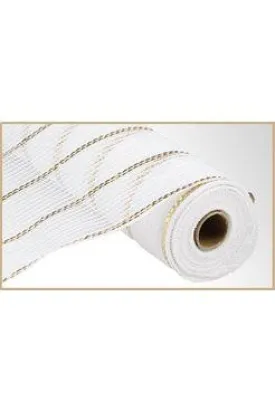 10.5" Poly Jute Matte Metallic Mesh Ribbon: White/Gold (10 Yards)