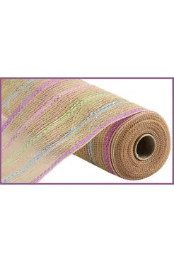 10.5" Poly Jute Matte Stripe Mesh Ribbon: Natural Pastel Stripes (10 Yards)