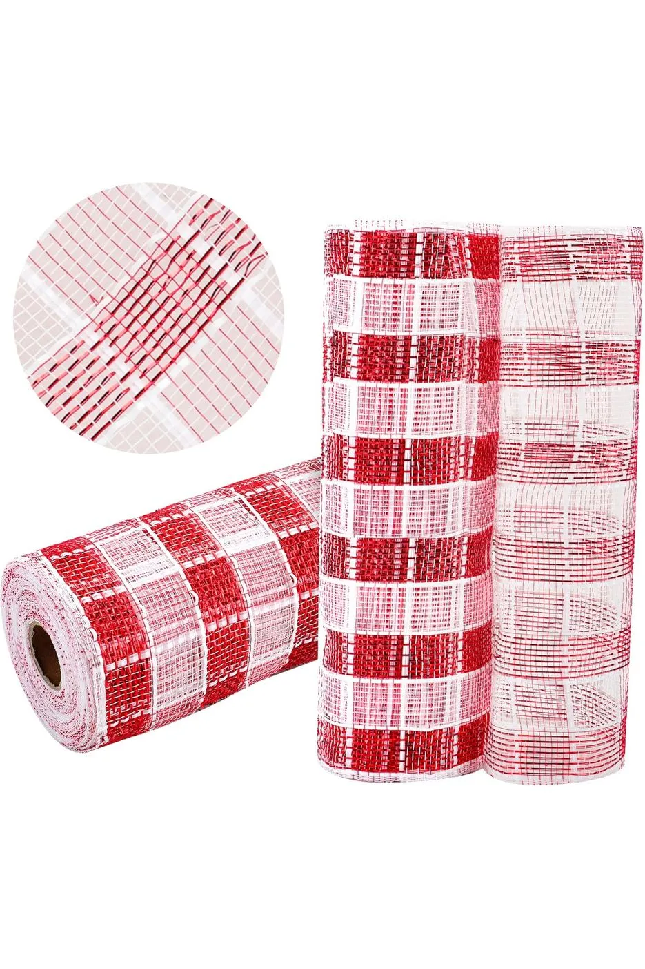 10" Metallic Check Mesh Ribbon: Red & White Plaid (10 Yards)