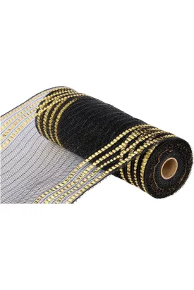 10" Metallic Foil Border Mesh Ribbon: Black/Gold (10 Yards)