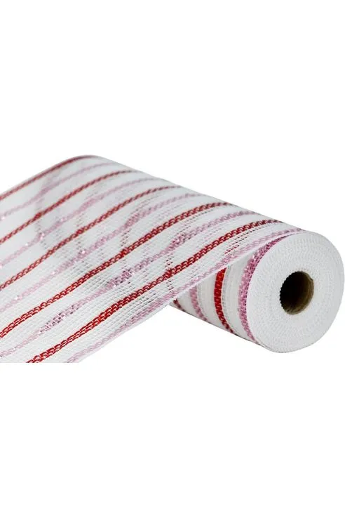 10" Poly Faux Jute Metallic Mesh Ribbon: White/Pink/Red (10 Yards)