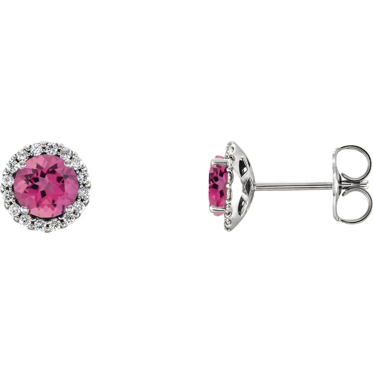 14KT GOLD 1.10 CTW PINK TOURMALINE & 1/6 CTW DIAMOND HALO EARRING