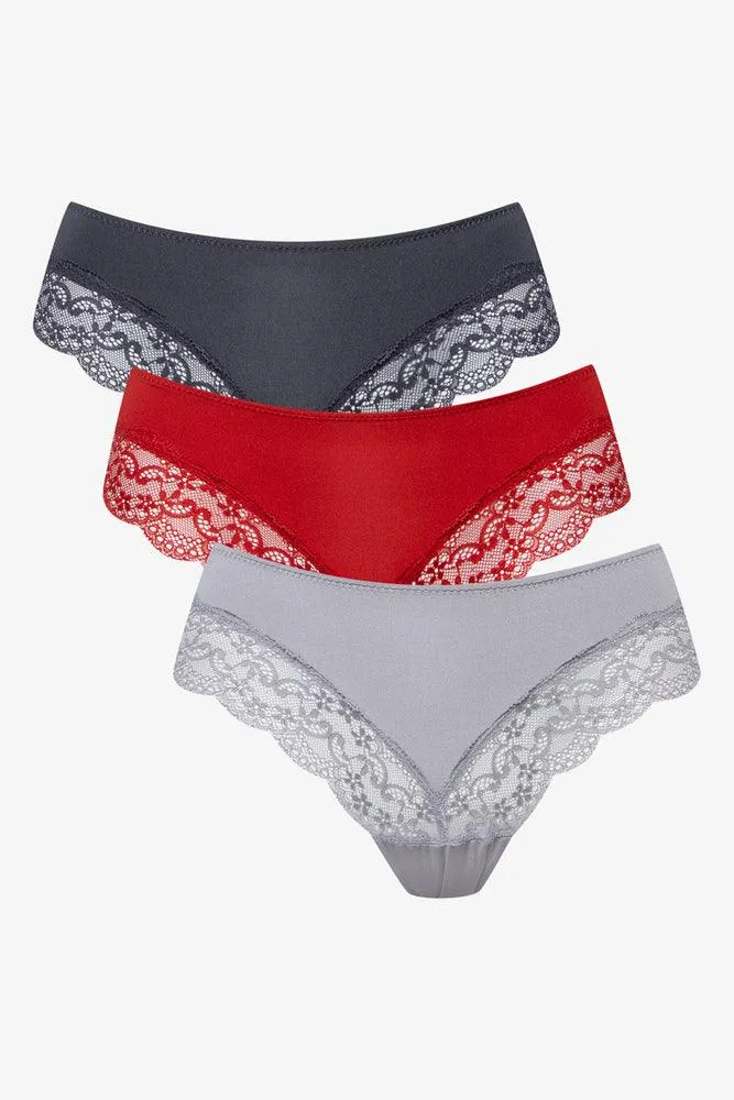 3 Pack Lace Trim Brazilian Panties Grey & Red