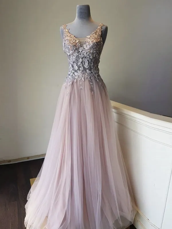 A Line V Neck Appliques Long Pink Lace Prom, Pink Lace Formal Graduation Evening