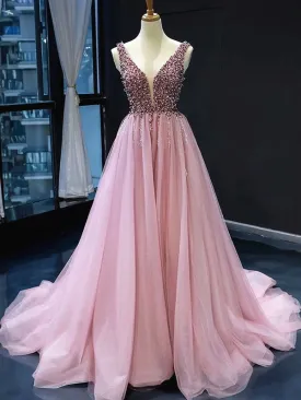 A Line V Neck Pink Prom with Corset Back, Pink V Neck Formal Bridesmaid