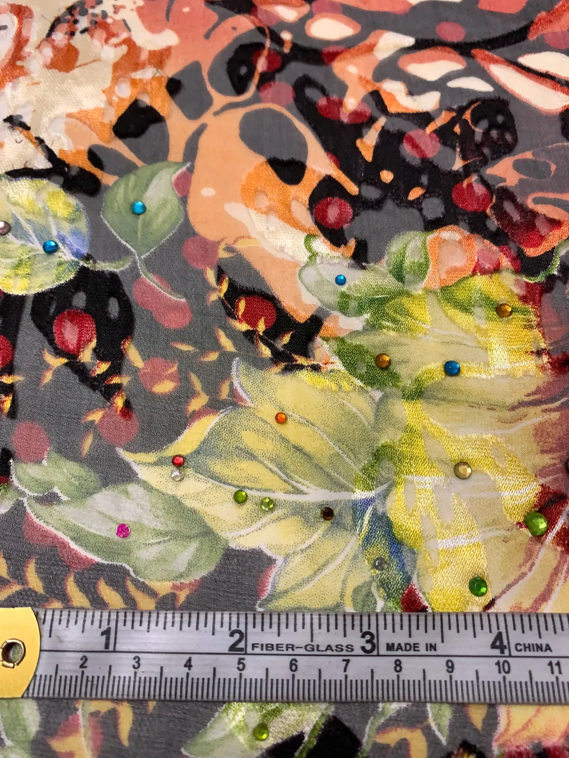 Abstract Floral Printed Silk-Rayon Burnout Chiffon with Stones - Orange / Red / Yellow / Green / Black