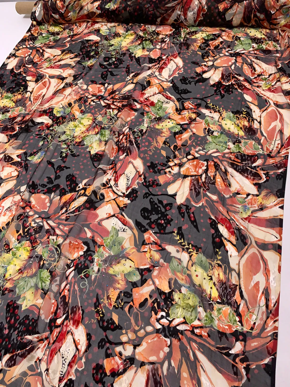 Abstract Floral Printed Silk-Rayon Burnout Chiffon with Stones - Orange / Red / Yellow / Green / Black