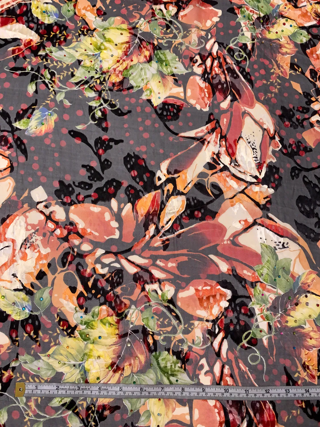 Abstract Floral Printed Silk-Rayon Burnout Chiffon with Stones - Orange / Red / Yellow / Green / Black