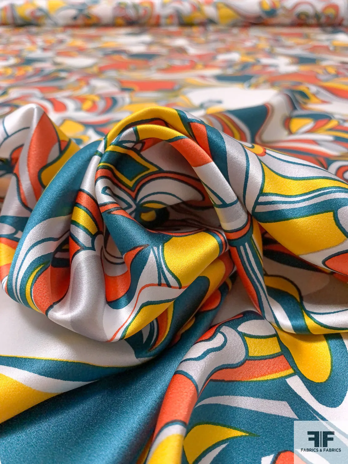 Abstract Groovy Printed Silk Charmeuse - Teal / Hot Yellow / Orange / Off-White