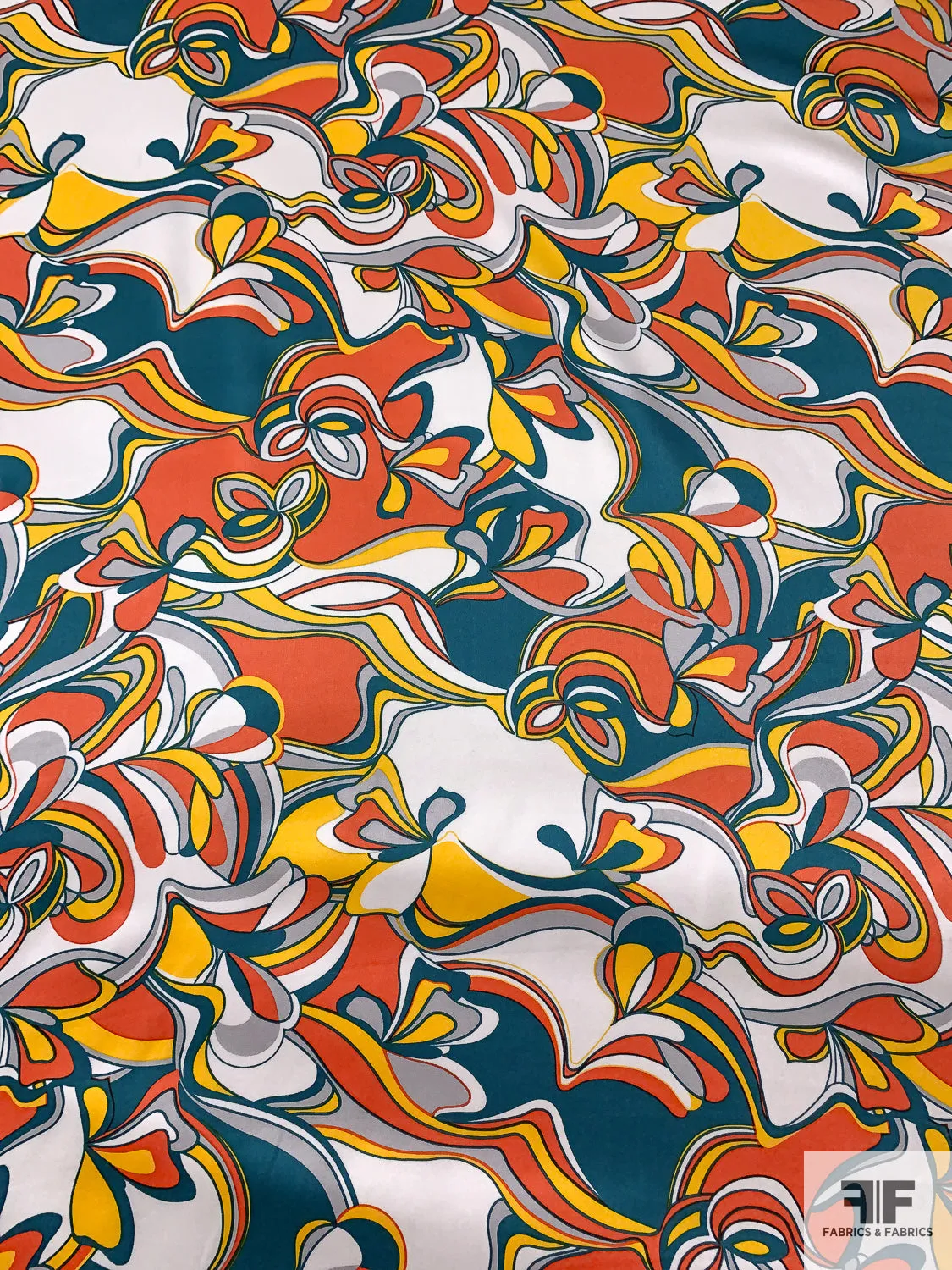 Abstract Groovy Printed Silk Charmeuse - Teal / Hot Yellow / Orange / Off-White