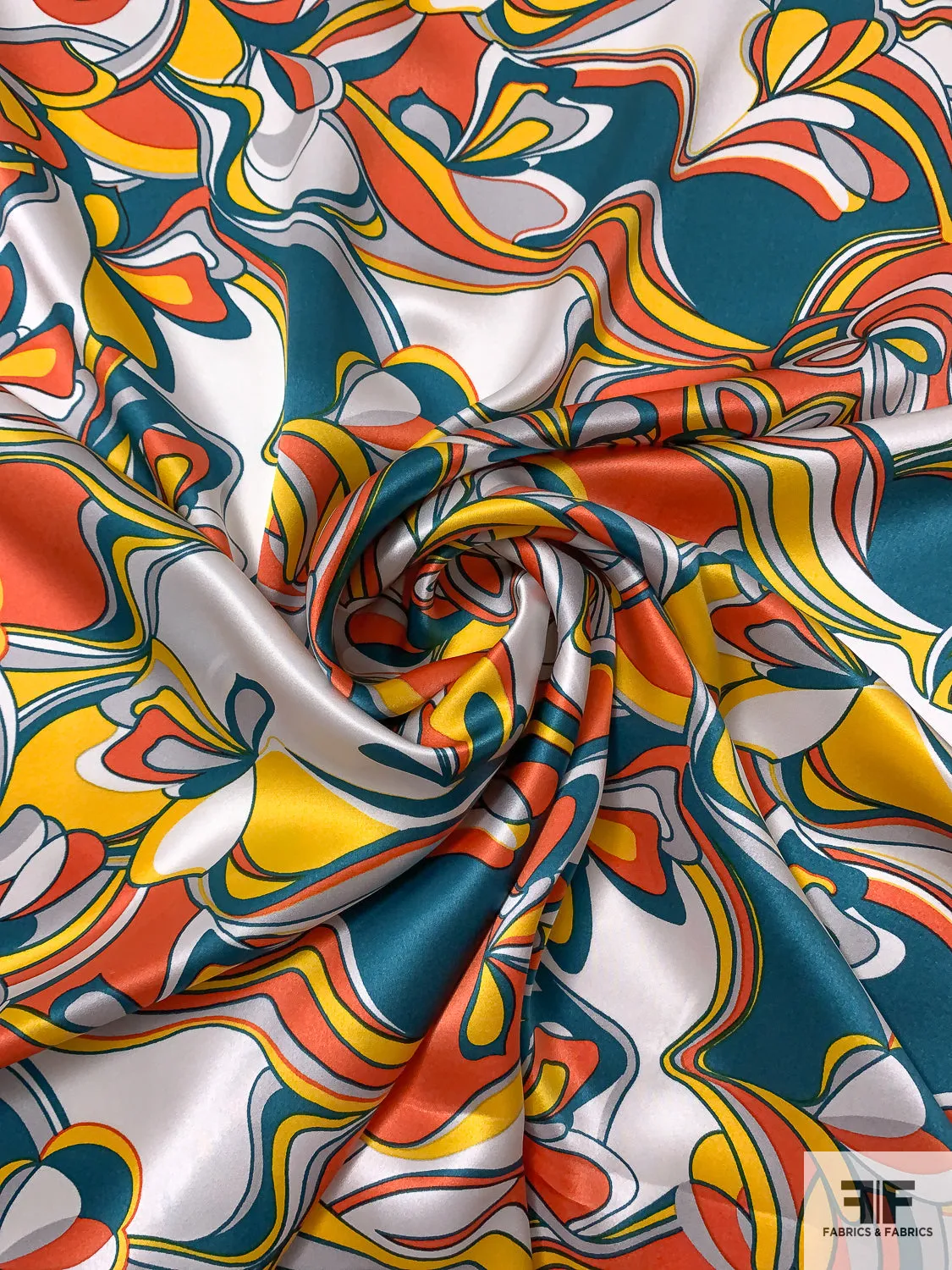 Abstract Groovy Printed Silk Charmeuse - Teal / Hot Yellow / Orange / Off-White