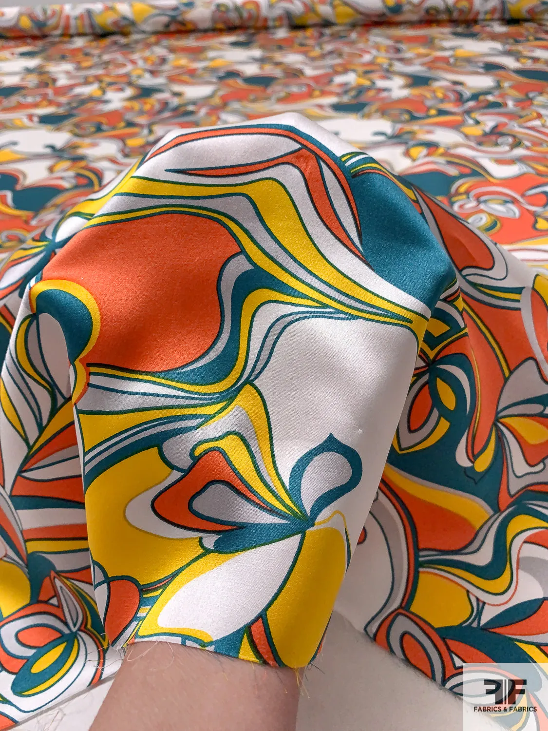 Abstract Groovy Printed Silk Charmeuse - Teal / Hot Yellow / Orange / Off-White