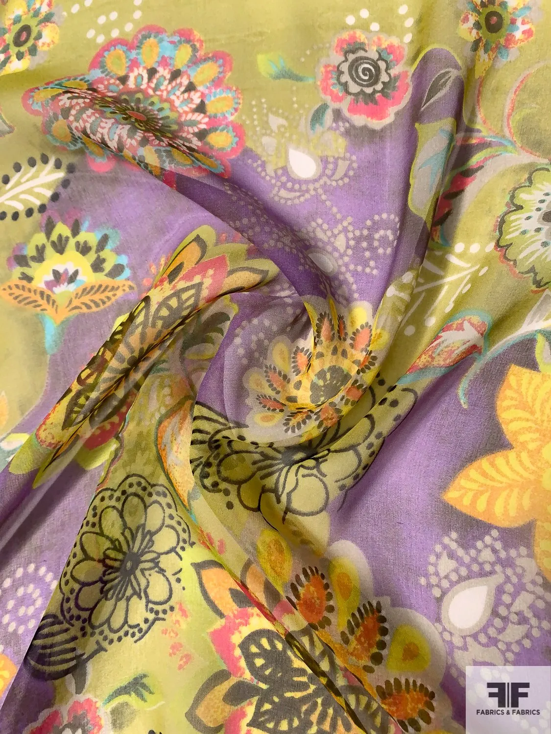 Abstract Groovy Printed Silk Chiffon - Purple / Lime / Multicolor