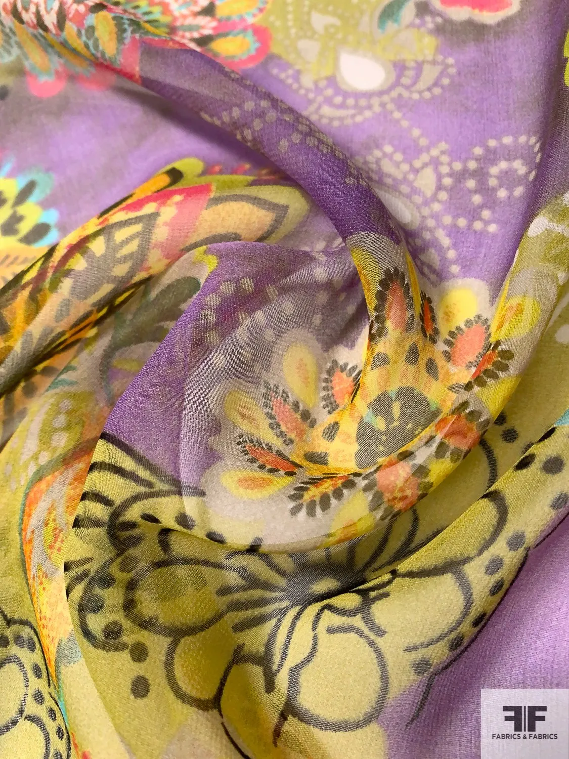 Abstract Groovy Printed Silk Chiffon - Purple / Lime / Multicolor