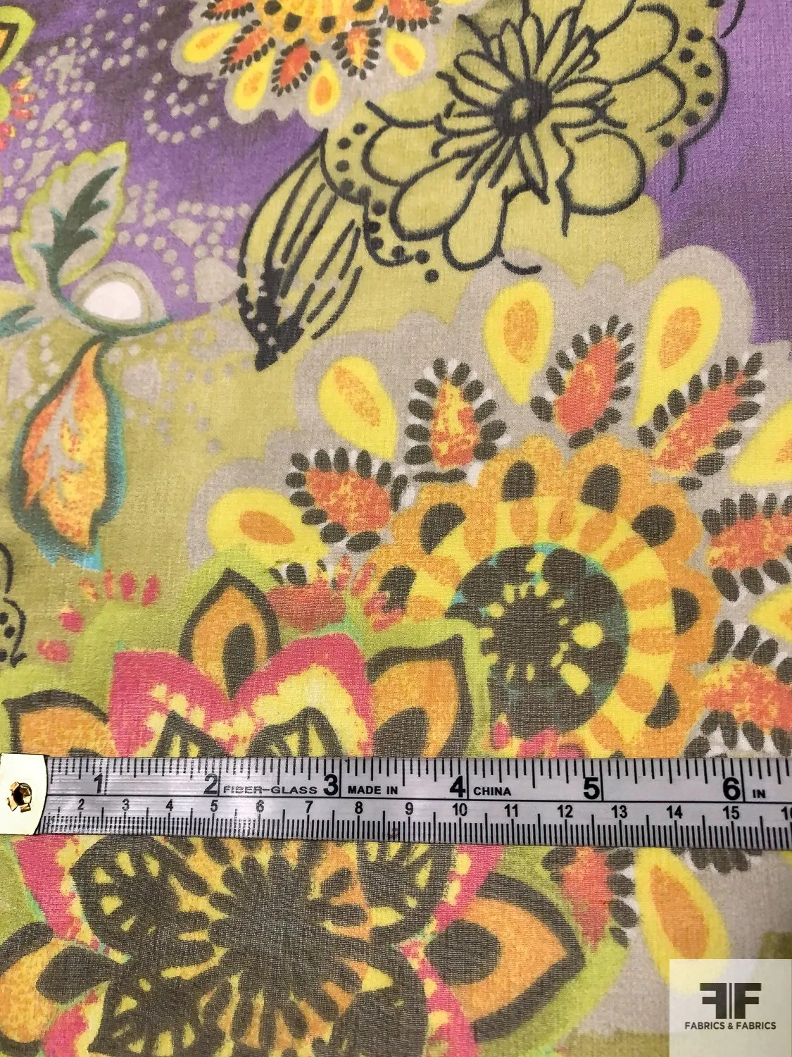 Abstract Groovy Printed Silk Chiffon - Purple / Lime / Multicolor