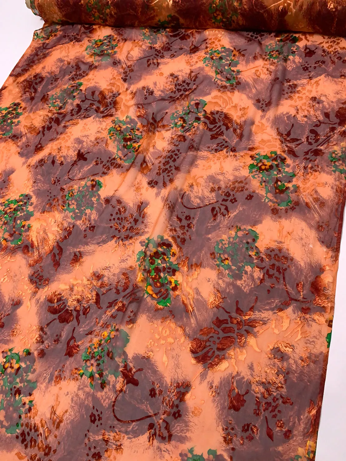 Abstract Printed Burnout Silk Blend Chiffon - Dusty Orange / Maroon / Green / Yellow