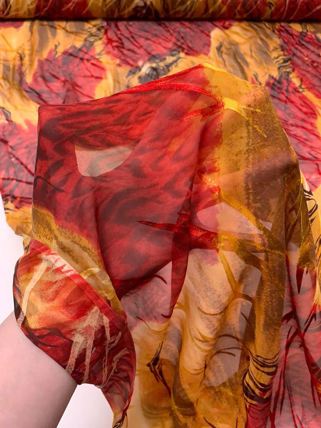 Abstract Printed Burnout Silk Blend Chiffon - Turmeric / Red / Brown