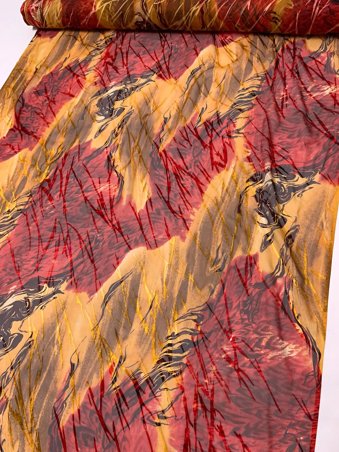 Abstract Printed Burnout Silk Blend Chiffon - Turmeric / Red / Brown