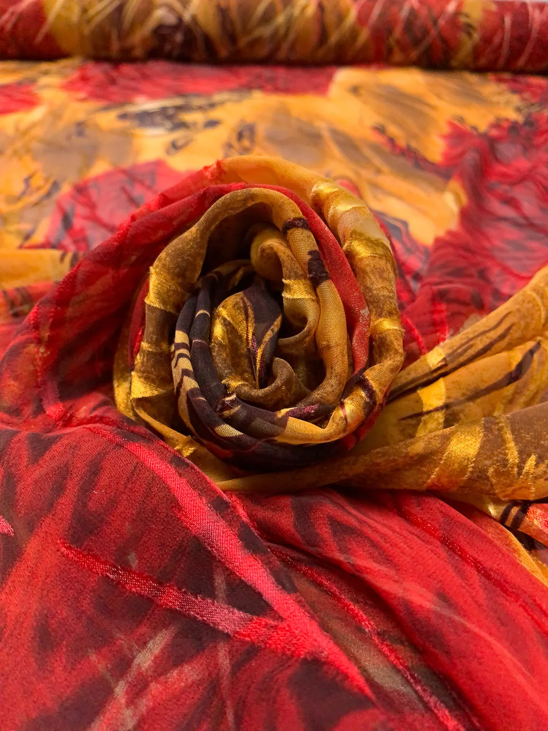 Abstract Printed Burnout Silk Blend Chiffon - Turmeric / Red / Brown