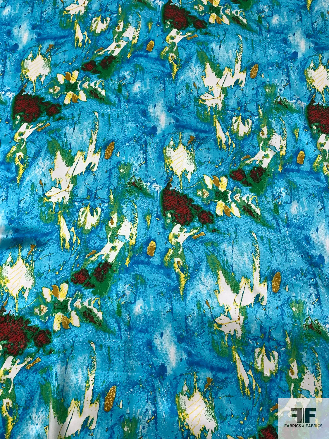 Abstract Printed Silk Charmeuse - Ocean Blues / Yellow / Green / Red