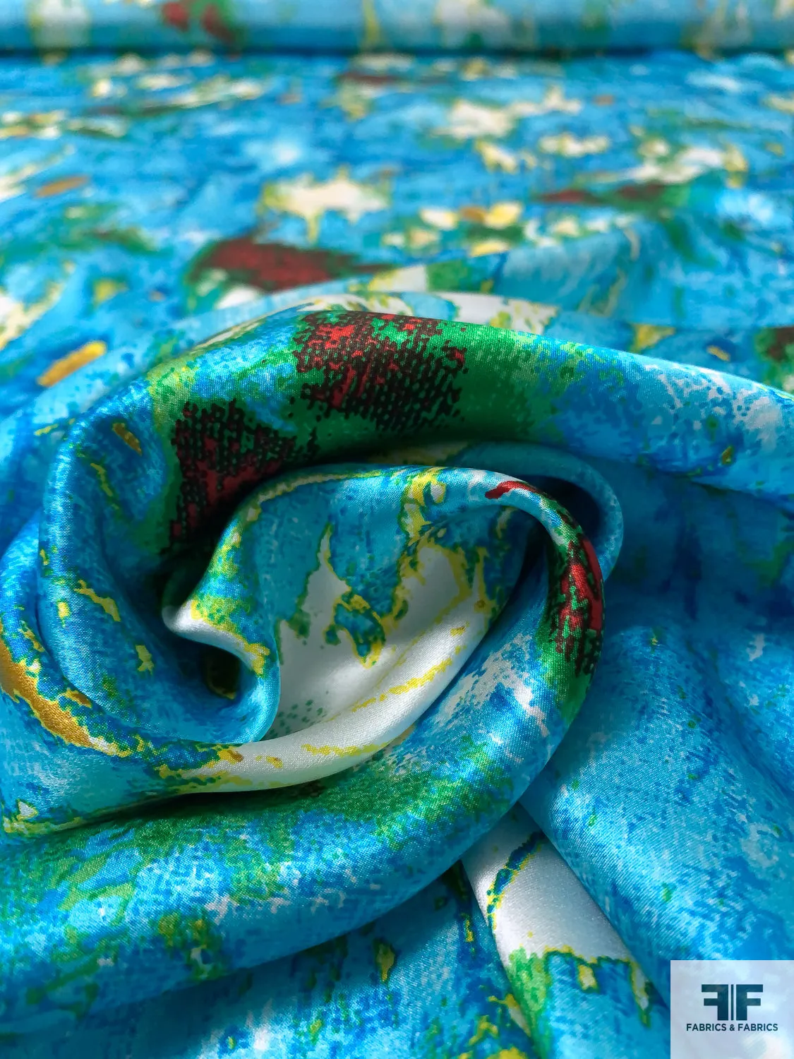 Abstract Printed Silk Charmeuse - Ocean Blues / Yellow / Green / Red