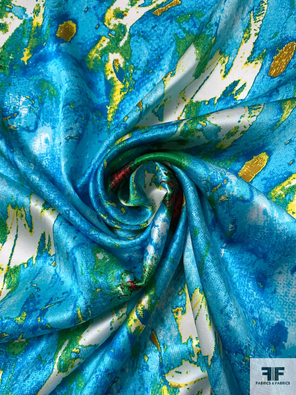 Abstract Printed Silk Charmeuse - Ocean Blues / Yellow / Green / Red