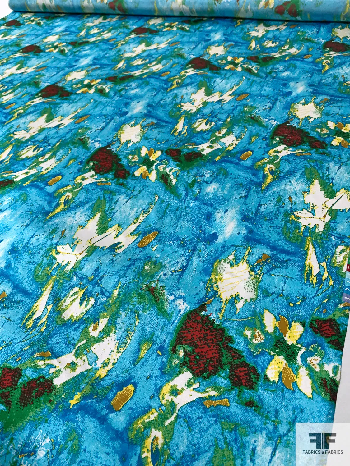 Abstract Printed Silk Charmeuse - Ocean Blues / Yellow / Green / Red