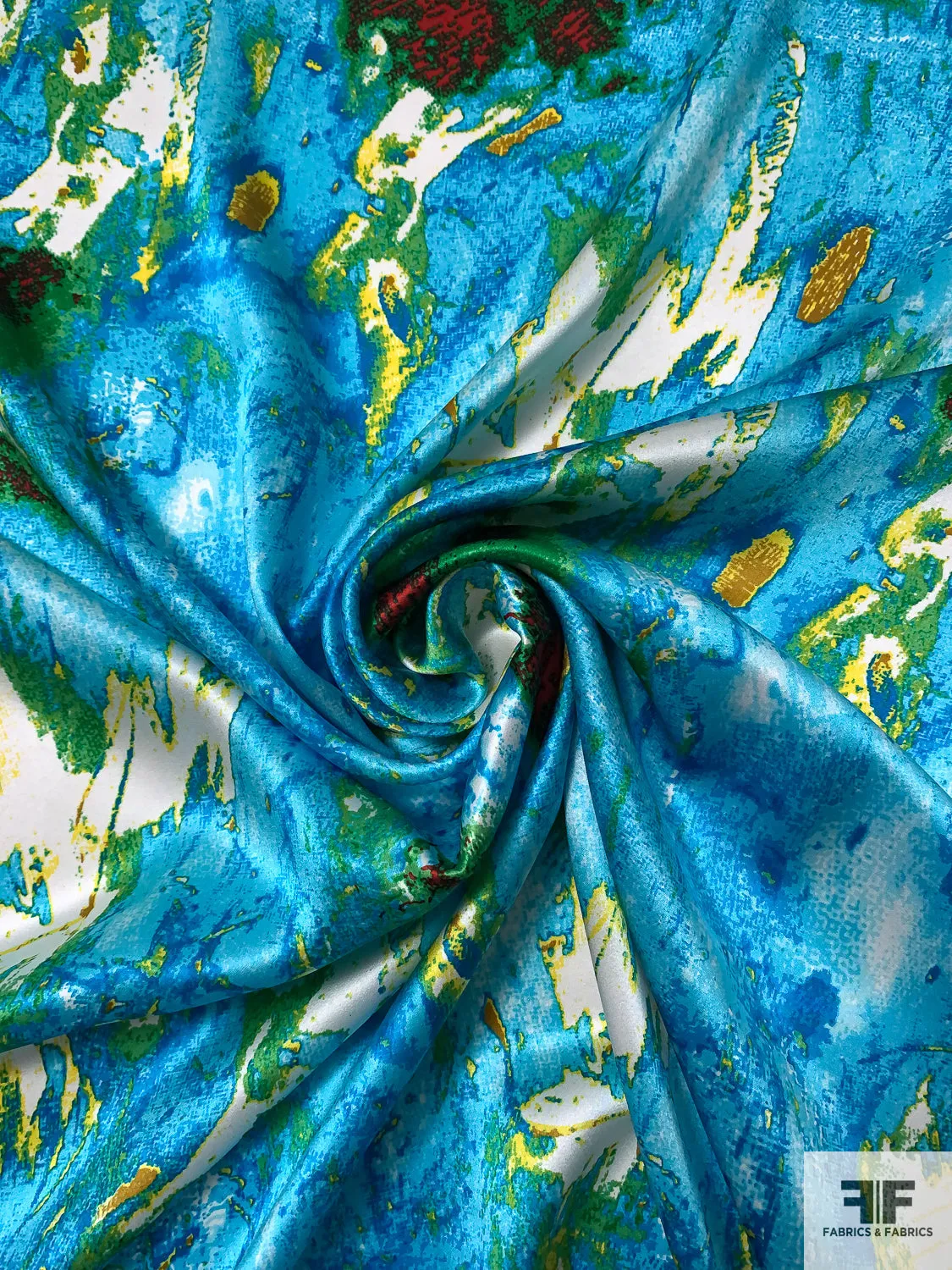 Abstract Printed Silk Charmeuse - Ocean Blues / Yellow / Green / Red