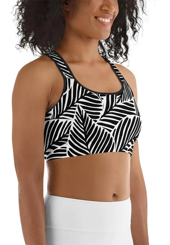 Black & White Leaves Sports Bra