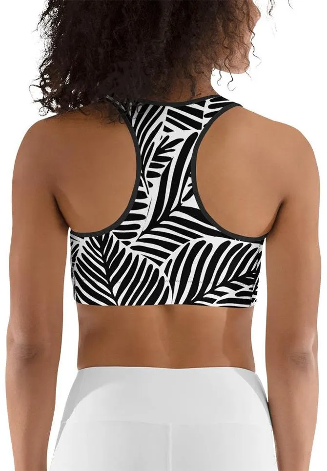 Black & White Leaves Sports Bra