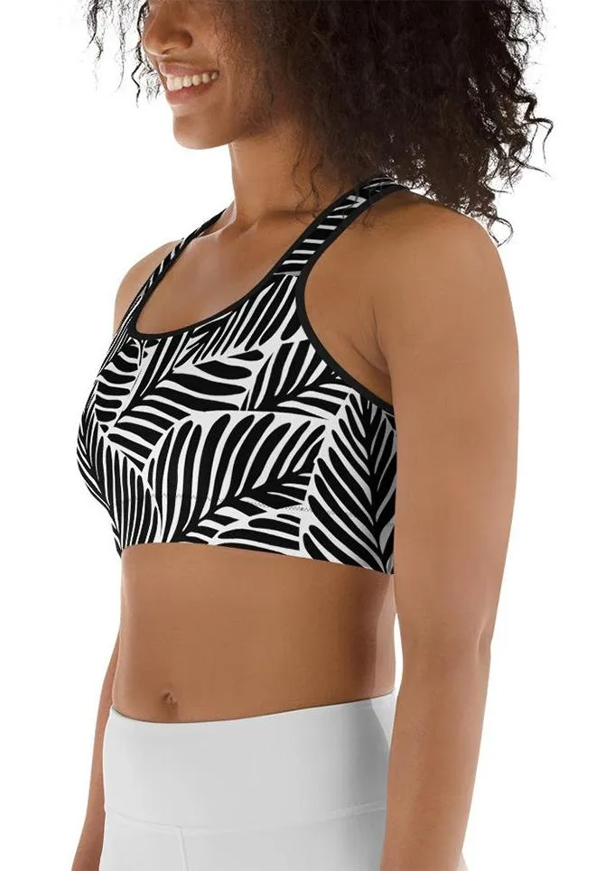 Black & White Leaves Sports Bra