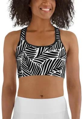 Black & White Leaves Sports Bra