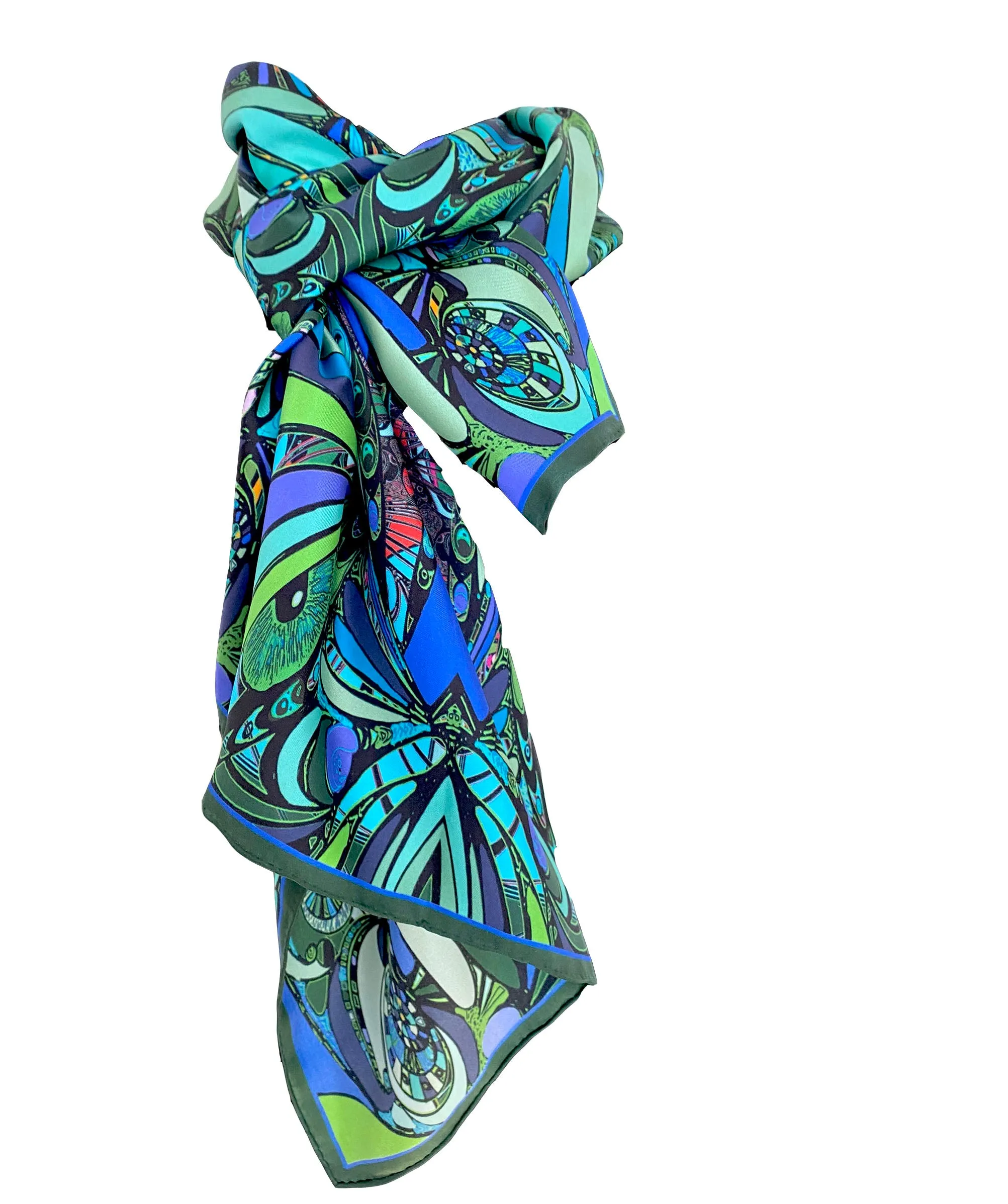 Blue /Green Universe, 100% Silk Twill, Long Rectangular Scarf