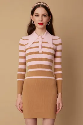 Camel/Blush Stripe Peachskin Long Sleeve Mini Polo Dress