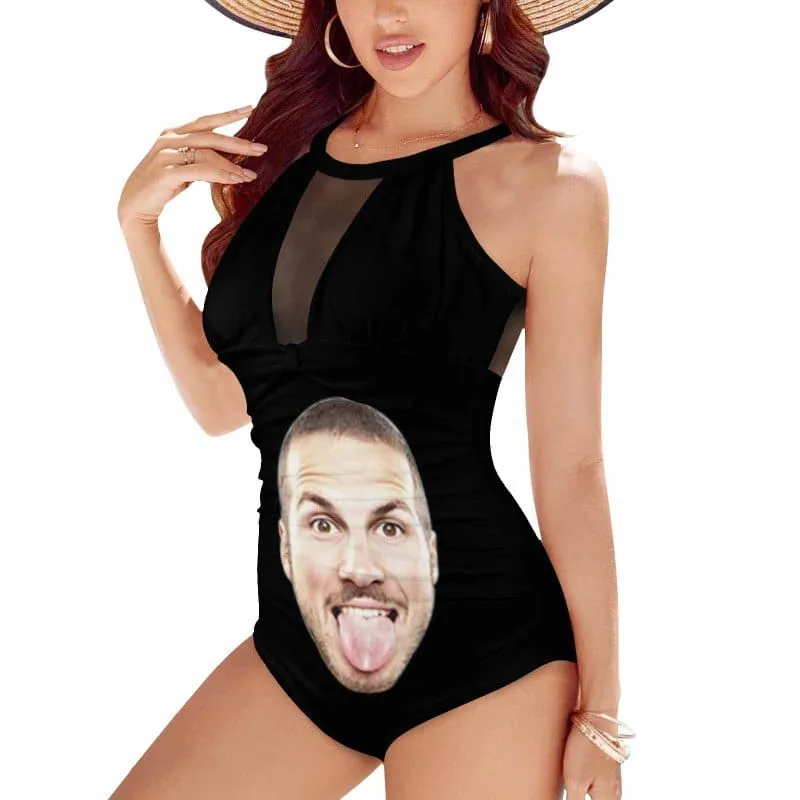 Custom Big Funny Face Women's One Piece Swimsuit High Neck Plunge Mesh Ruched Monokini Swimwear