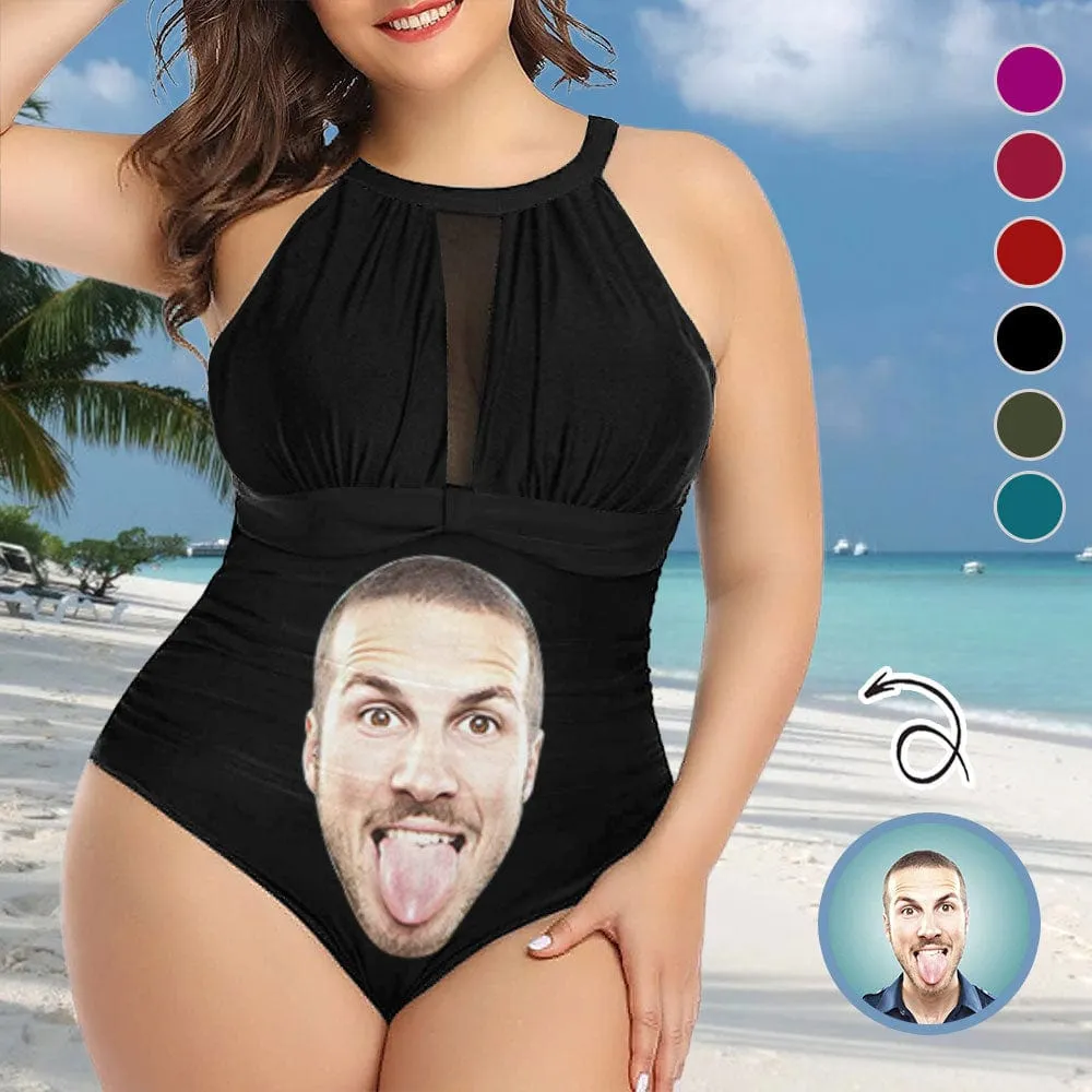 Custom Big Funny Face Women's One Piece Swimsuit High Neck Plunge Mesh Ruched Monokini Swimwear