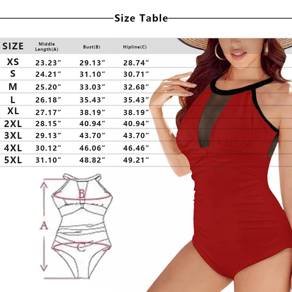 Custom Big Funny Face Women's One Piece Swimsuit High Neck Plunge Mesh Ruched Monokini Swimwear