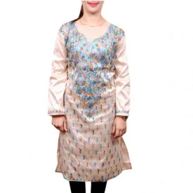 Ecru Beige Color Kashmiri Aari Work Embroidered Kurti Enriched With Floral Paisley Pattern