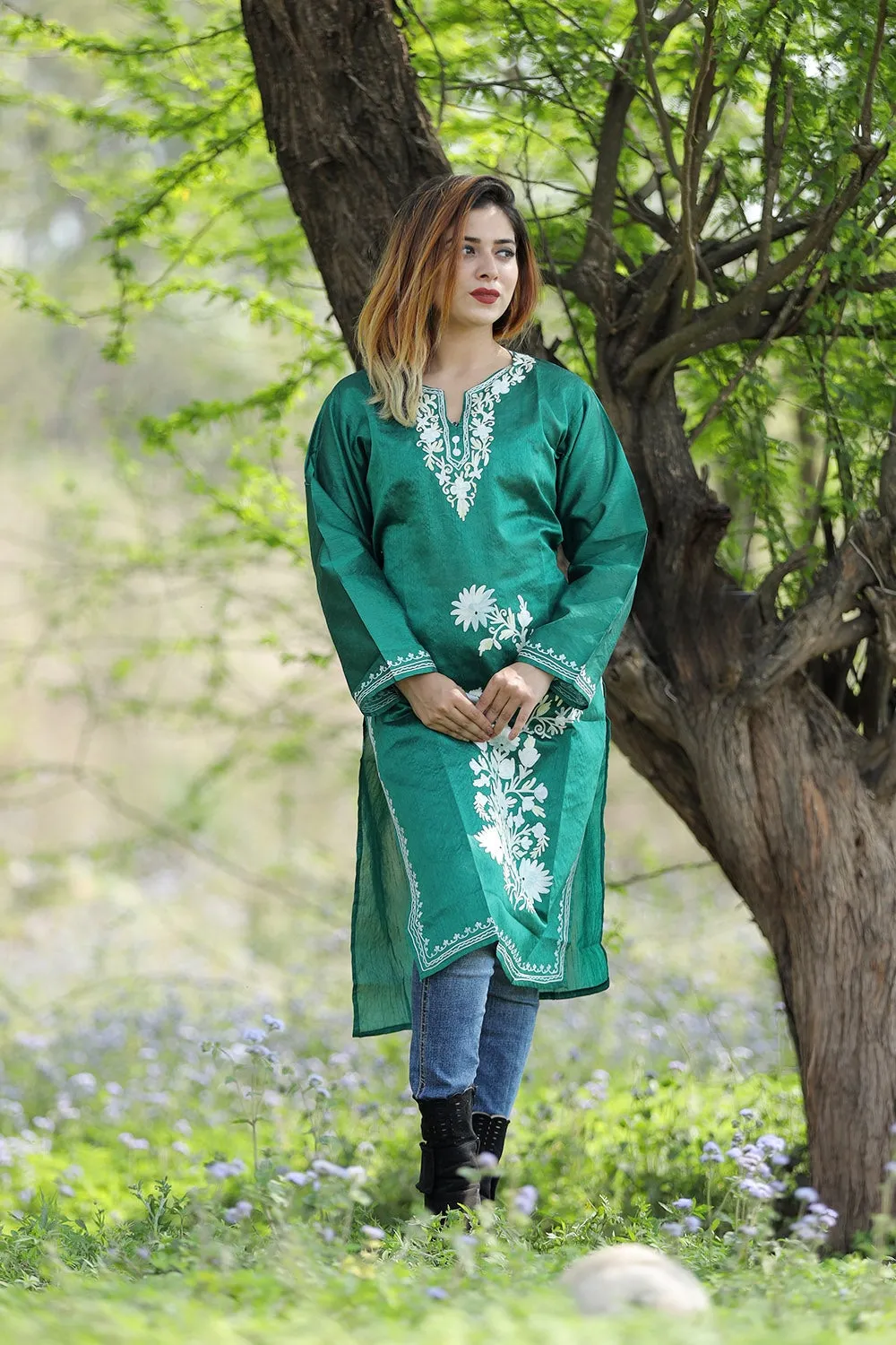 Exotic Bottle Green Colour Rayon Silk  Kurti With Beautiful Aari Embroidery Gives Attractive Look To The Wearer.