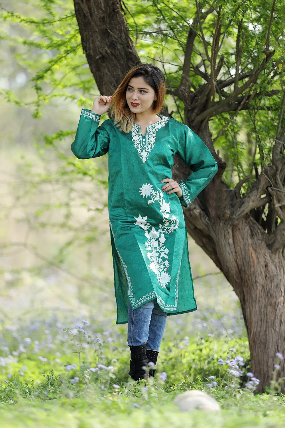 Exotic Bottle Green Colour Rayon Silk  Kurti With Beautiful Aari Embroidery Gives Attractive Look To The Wearer.