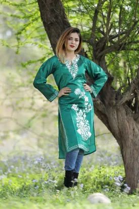 Exotic Bottle Green Colour Rayon Silk  Kurti With Beautiful Aari Embroidery Gives Attractive Look To The Wearer.