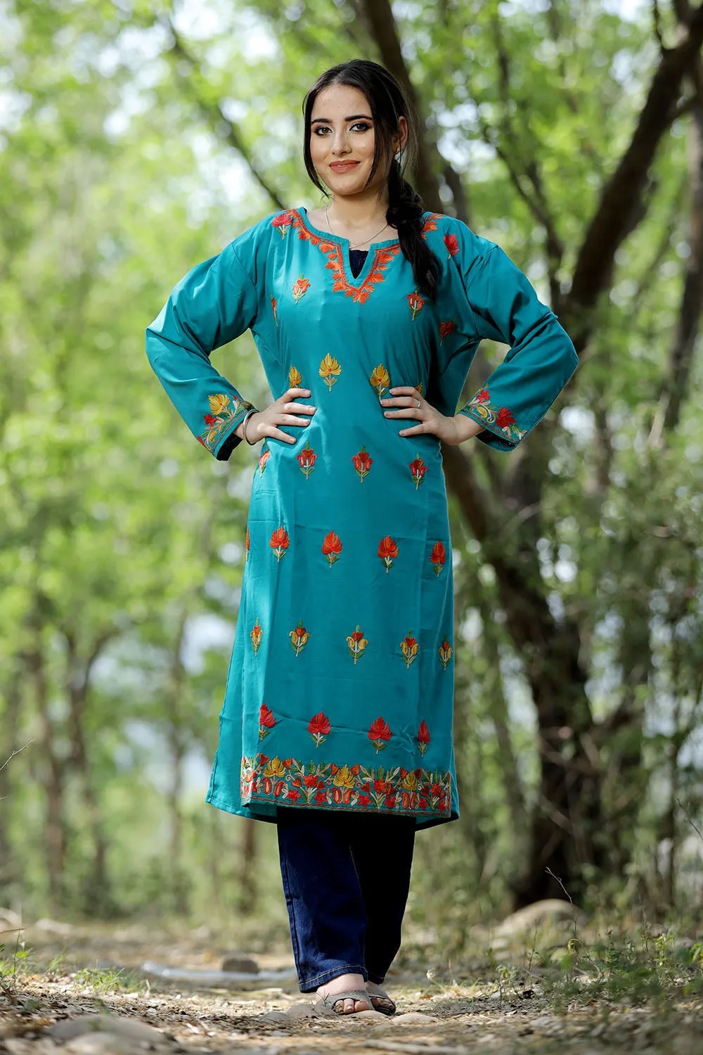 Exotic Turquise Green Colour Cotton Kurti With Kashmiri Motifs With Latest Fashion Trend.