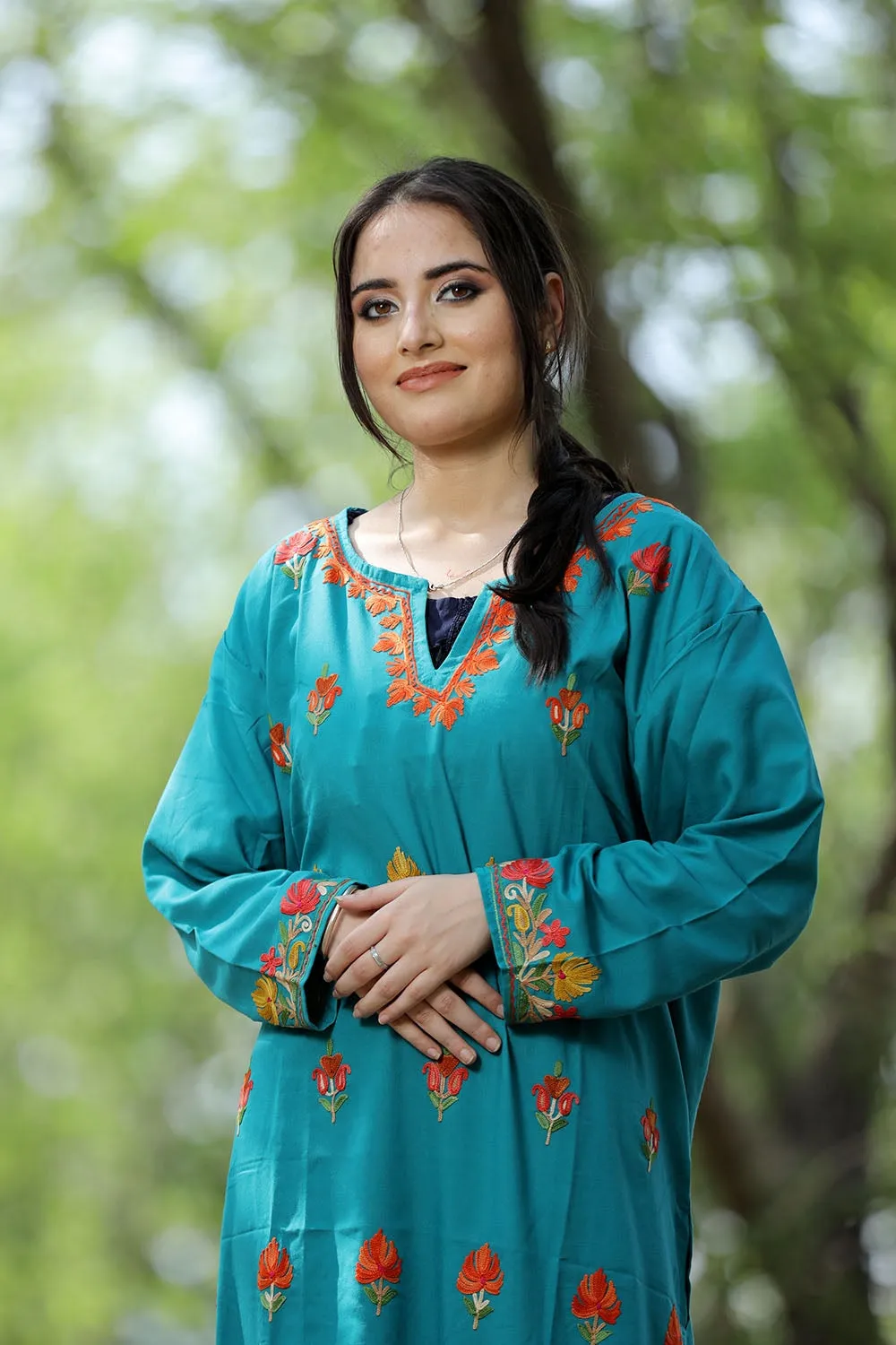 Exotic Turquise Green Colour Cotton Kurti With Kashmiri Motifs With Latest Fashion Trend.