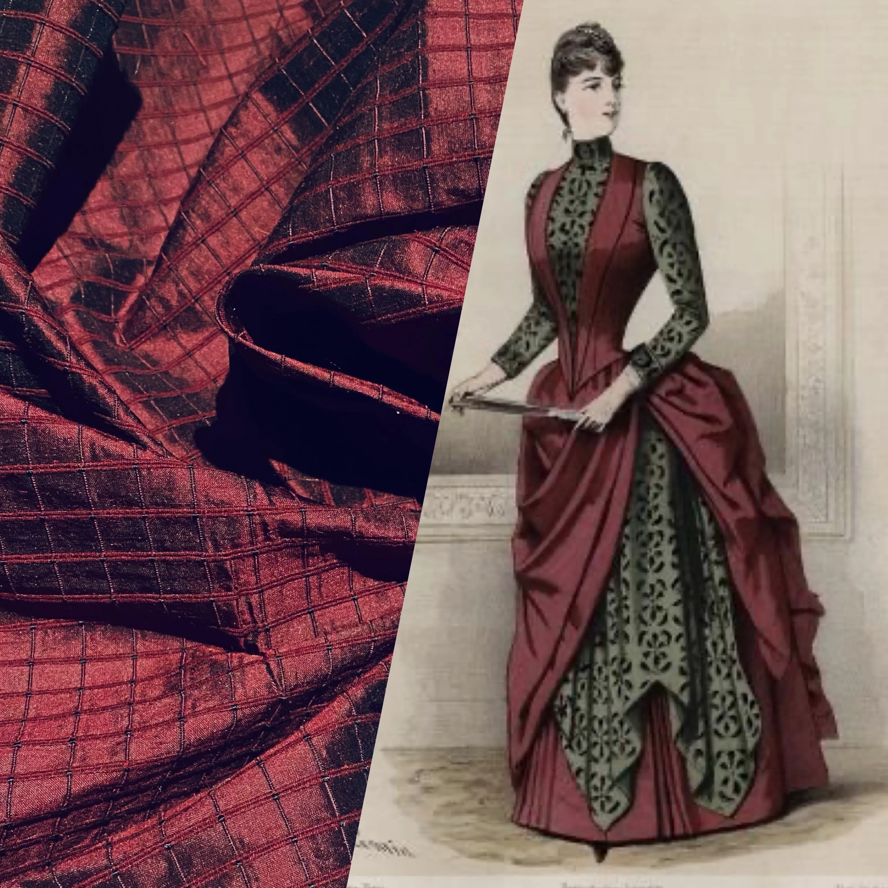 NEW Duchess Jenna 100% Silk Taffeta Fabric- Burgundy Red Black Shot Embroidered Squares- SB_6_8