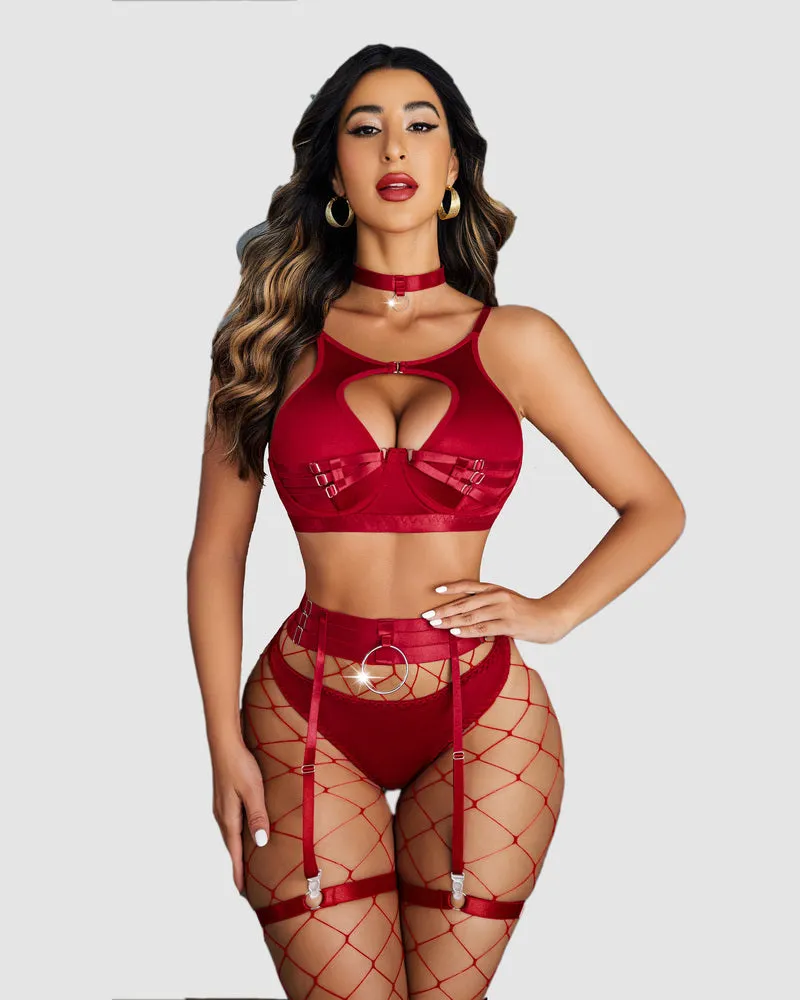 Push Up Bondaged 5 Piece Strappy Lingerie Set