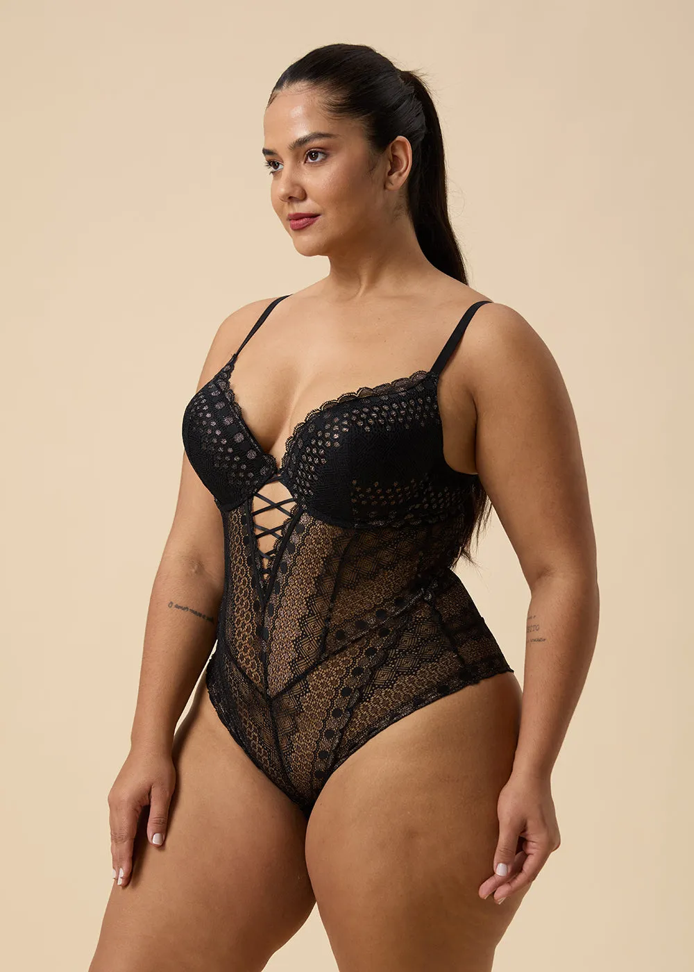 TAYLOR Plus Sexy Push-up Black GOLDEN Lace Bodysuit