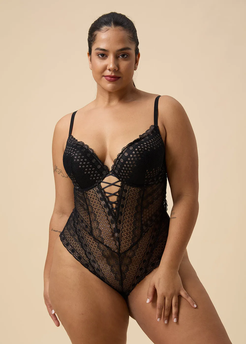 TAYLOR Plus Sexy Push-up Black GOLDEN Lace Bodysuit