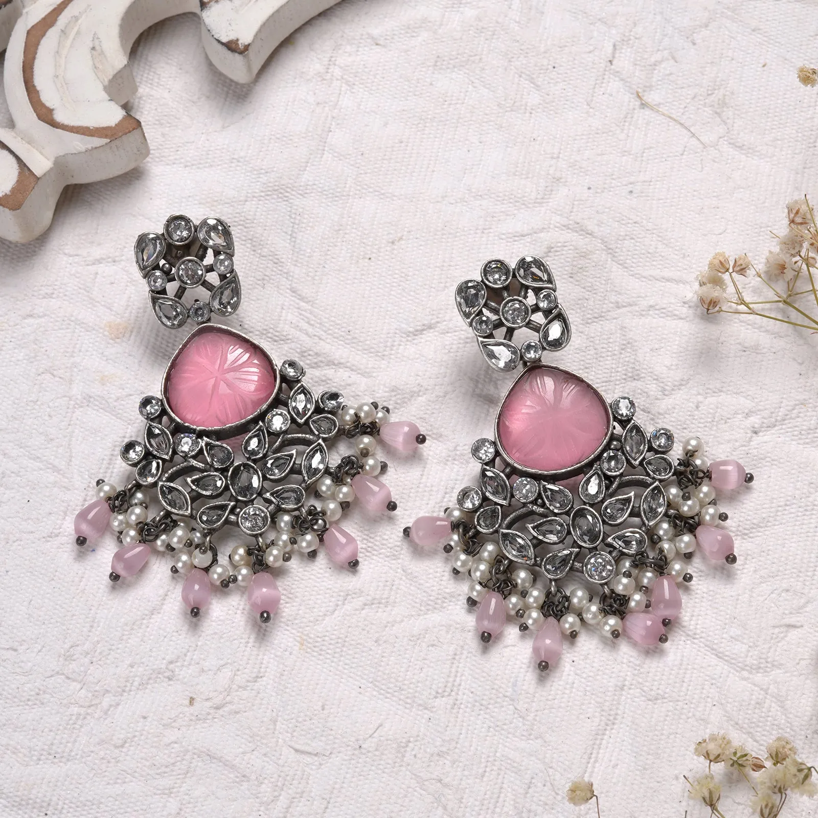 Teejh Anaika Silver Oxidised Pink Stone Earrings