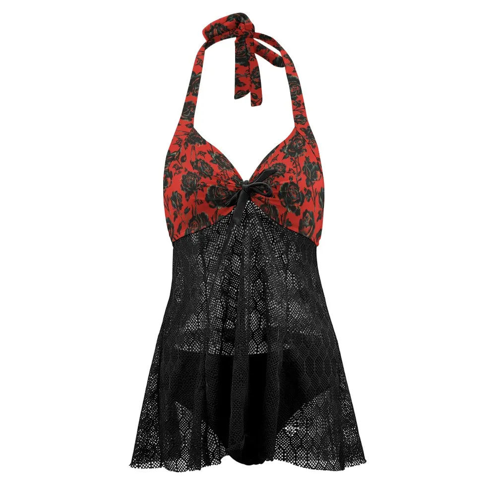 Vampire Art Goth Halter Two Piece Mesh Tankini Swimsuit - Red and Black Roses